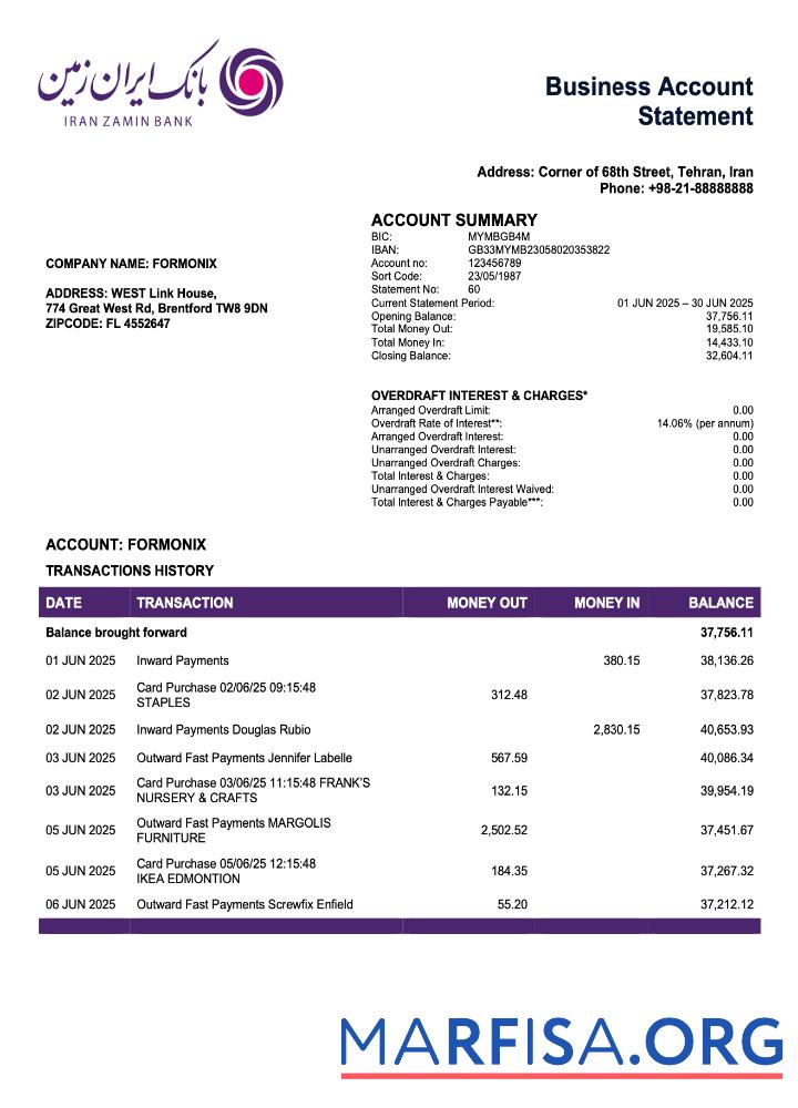 Blank Iran Zamin bank firm account statement Word and PDF template
